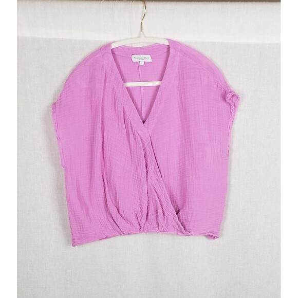 Michael Stars Blouse L Pink Faux Wrap V Neck Gauze Crop Top USA Casual Summer - Picture 1 of 9